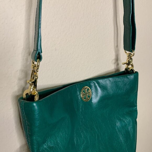 Tory Burch green leather crossbody bag with fold-over flap and signature logo em - Picture 5 of 8
